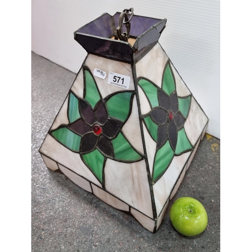 571 - Decorative vintage stained glass nightshade, featuring floral decoration.