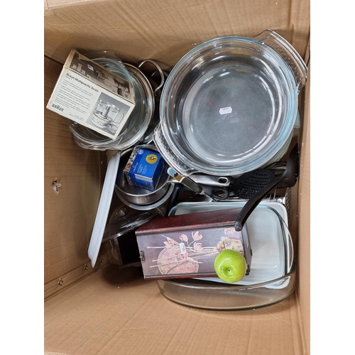 572 - A Large Box Of Kitchenware including a Pyrex Dish, Kitchen Timer, pots and a Wine case