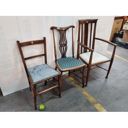 574 - Three antique wooden occasional chairs. All in good condition. Measure 97cm, 90cm, and 81cm tall ove... 