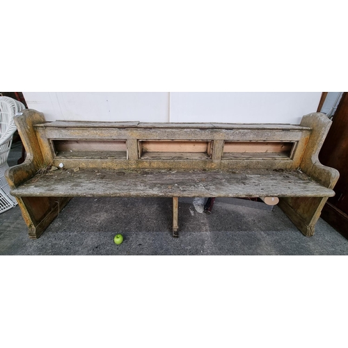 596 - Large antique wooden church pew. 90cm h x 207cm w x 42cm  Would be a great resto project.