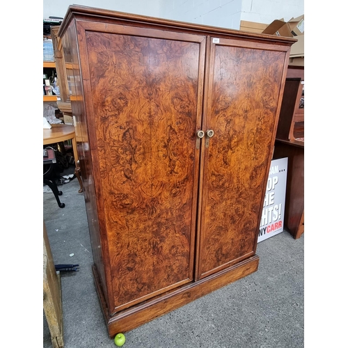 597 - Neat size antique compendium gents wardrobe in burr/burl walnut, brand Compactom. Features original ... 