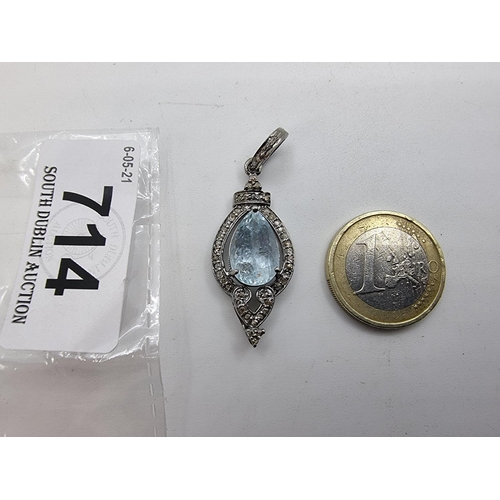 714 - Indian Silver pendent with cushion cut diamonds and a pear shaped 8.6 carat Aqua Marine. Lovely pend... 