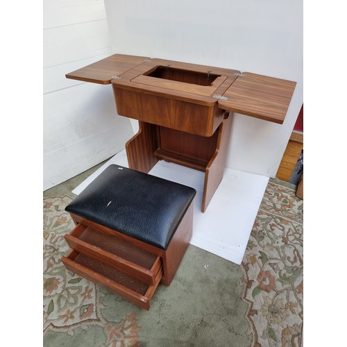 499 - A 1960s  Pop Up Sewing Machine Table, with Match Stool with 3 drawer storage. (No Machine). Cut-out ... 