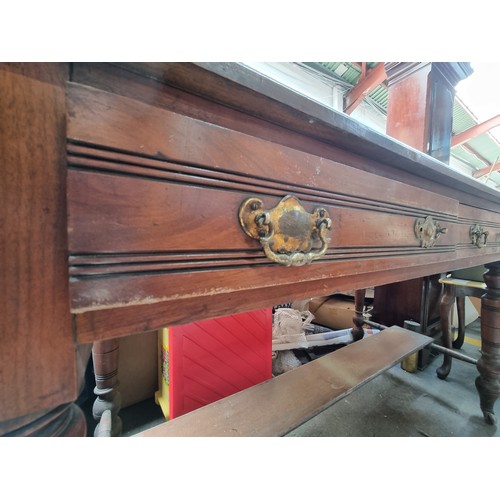 447 - Nice Edwardian side table with 2 drawers, turned legs with stretcher base