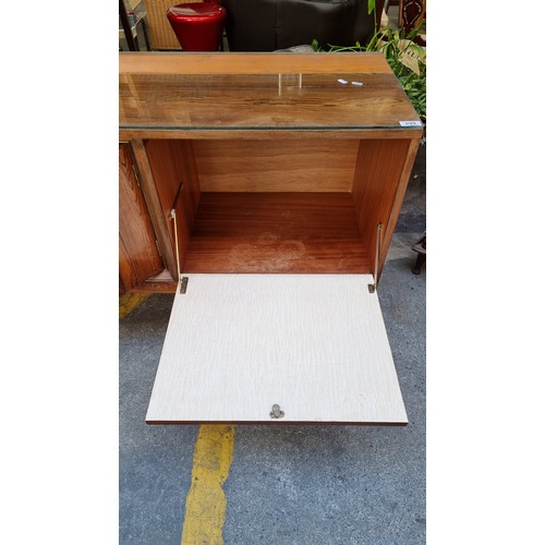 299 - Mid Century Rosewood sideboard with three drawers and two cupboards and a glass saver top. . Mm: 220... 