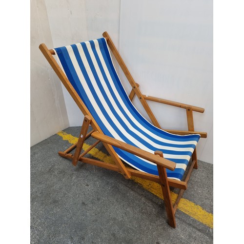 254 - Blue and white striped deck chairs. Super cool folding wooden chairs in good order.