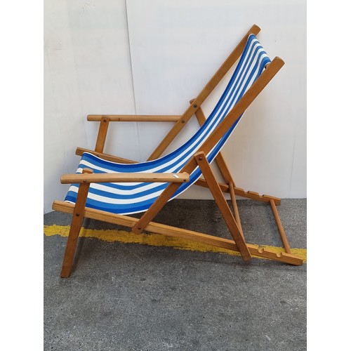 254 - Blue and white striped deck chairs. Super cool folding wooden chairs in good order.