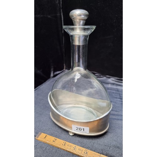 201 - Vintage glass decanter with silver toned base and stopper. Super shape has a great look.