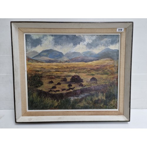 519 - Large oil on canvas artwork, featuring a peat-land  mountain scene. Signed by artist.