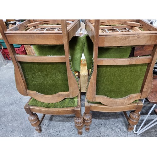 588 - Four antique wooden chairs with plush green upholstery in very good condition. Overall height is 87c... 