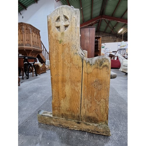 596 - Large antique wooden church pew. 90cm h x 207cm w x 42cm  Would be a great resto project.