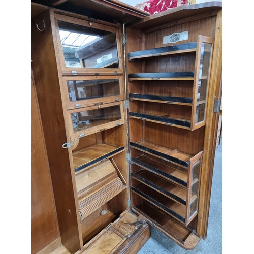 597 - Neat size antique compendium gents wardrobe in burr/burl walnut, brand Compactom. Features original ... 