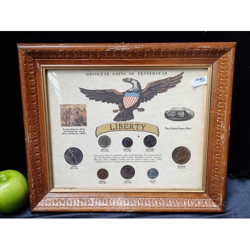 133 - Three American Coin and note displays including coins and notes of yesteryear, Wartime coinage, and ... 