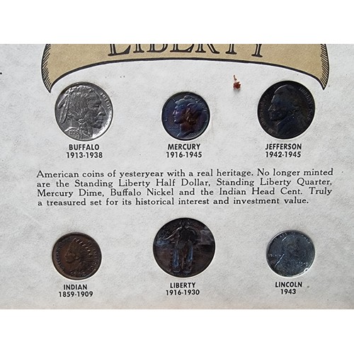 133 - Three American Coin and note displays including coins and notes of yesteryear, Wartime coinage, and ... 