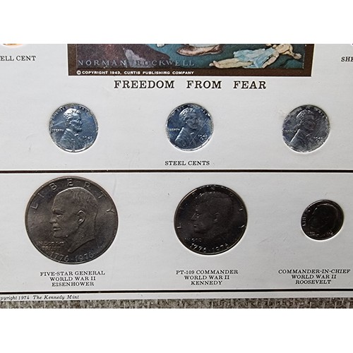 133 - Three American Coin and note displays including coins and notes of yesteryear, Wartime coinage, and ... 