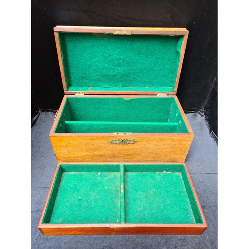 106 - Antique chest with removable tier, green felt lining and decorative brass finishings.