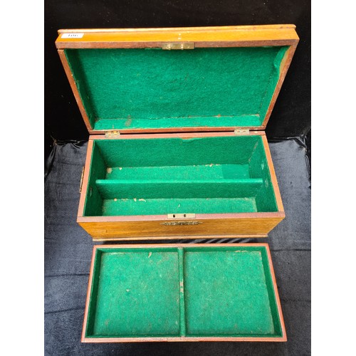 106 - Antique chest with removable tier, green felt lining and decorative brass finishings.