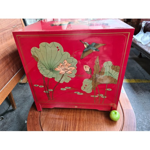 659 - A Fabulous Red Lacquered Hand Painted Chinese Cabinet.