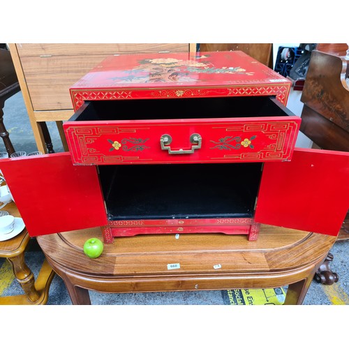 659 - A Fabulous Red Lacquered Hand Painted Chinese Cabinet.