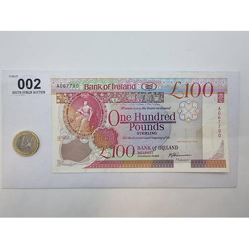 2 - 100 pound sterling note, Bank of Ireland Donegal Place, Belfast. In fine condition, dated 28 August ... 