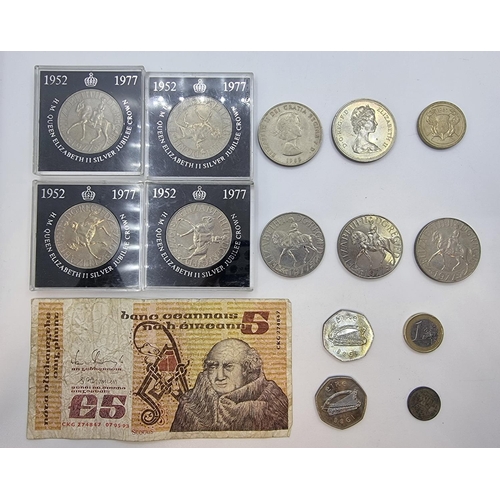 3 - A collection of coins and an Irish bank note of 5 pound value, dated 07.05.93, reference number CKG2... 