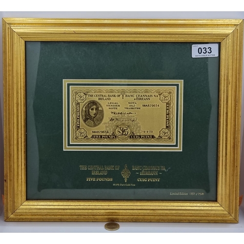 33 - A gold framed limited edition 1537 of 7500 five pound, Lady Lavery bank note, 99.9 pure gold. Certif... 