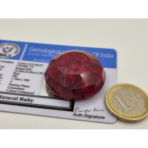 43 - Huge Natural Ruby 158 carats with GLI certificate. Lovely rare stone.