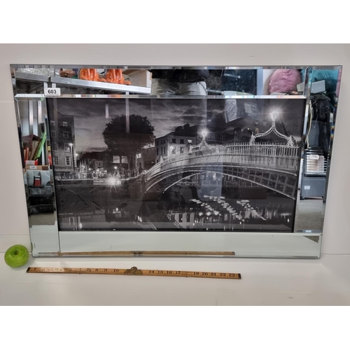 603 - Large mirror framed photo of Ha'Penny Bridge with Glitter accents. Mm: 55cm x 87cm.