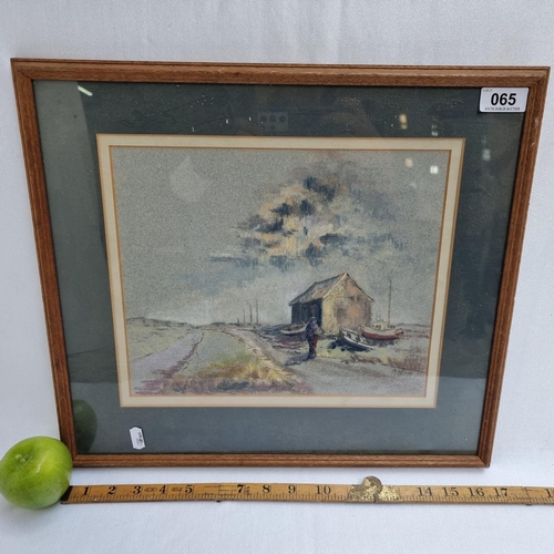 65 - Chalk painting, signed M. Allsopp. Shows coastal track and boathouse.