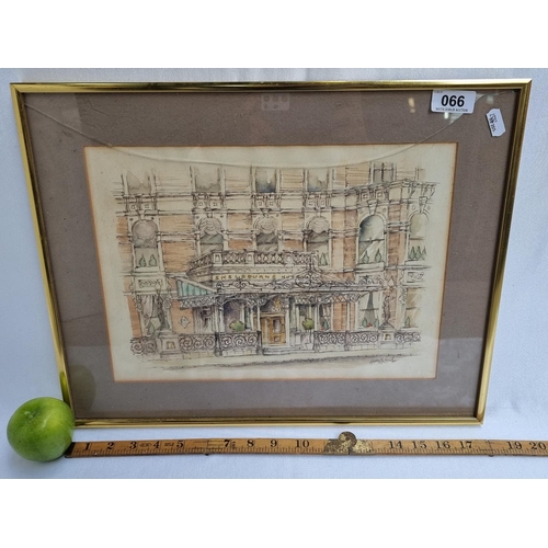 66 - Harry McConville, pen and watercolour of the facade of the Shelbourne Hotel, Dublin. Beautifully det... 