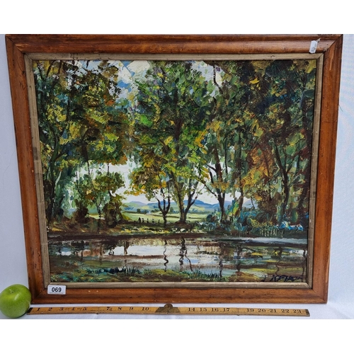 69 - Signed, original J. Kehoe of Slaney. Large oil on board, dated 1984. Shows a lakeside woodland scene... 