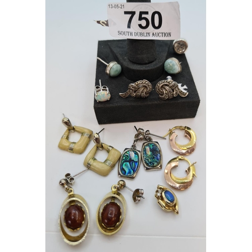 750 - Box of Earrings Inc Antique marcasite, Silver and Opal Examples.