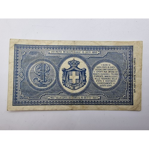 28 - An interesting Italian currency note, una lira, 1894 number 339. Rare, in very good condition.
