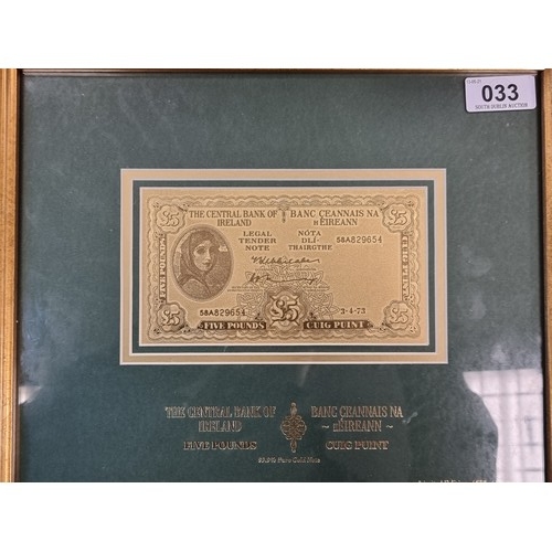 33 - A gold framed limited edition 1537 of 7500 five pound, Lady Lavery bank note, 99.9 pure gold. Certif... 