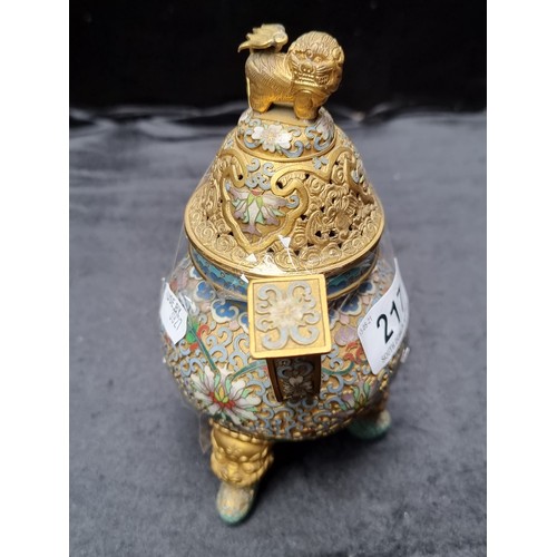 217 - A Neat Size Beautiful Chinese Urn with Floral and Dragon Detail on a cloisonne ground.  Super piece.