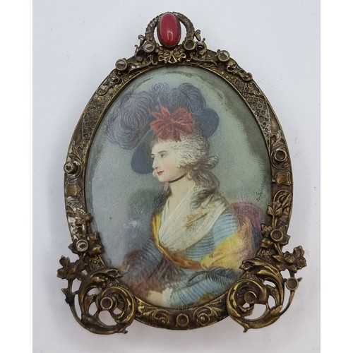 20 - Georgian original miniature oil painting of a lady. In oval pinchbeck photo frame with floral detail... 