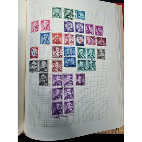 109 - Stamford stamp album red. Good stamp album of pre 1960s Stamps inc WW2 examples. Heavy on American a... 