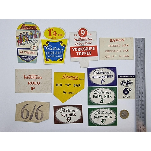 12 - A collection of twelve original vintage confectionary price cards. Including five various Cadbury's ... 