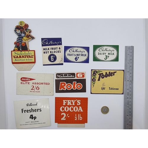 13 - A collection of original vintage confectionary price cards. Including three Cadbury's, two Mackintos... 
