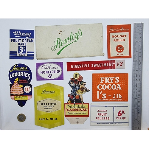 14 - A collection of old original Dublin favourites confectionary price cards. Including two Lemon's pric... 
