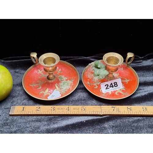 248 - A Lovely  Pair of Brass cloissone Chamber Candle Holders Featuring Fleur De Lis Motifs