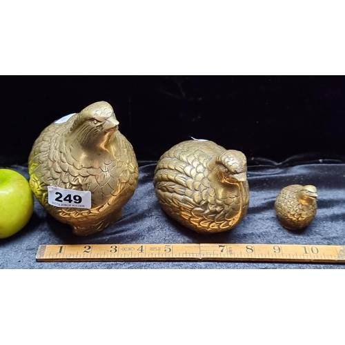 249 - 3 Vintage Brass heavy Quail Figures.