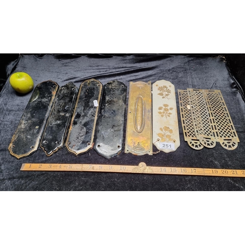 251 - A Quantity of 9 Door Finger Plates including some Brass Fingerplates and an Ornate white and Gold Fi... 