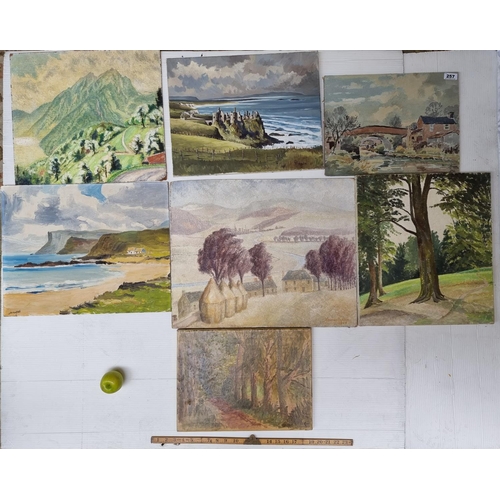 257 - A collection of seven unframed canvases consisting of oil and watercolour pieces, showing various la... 