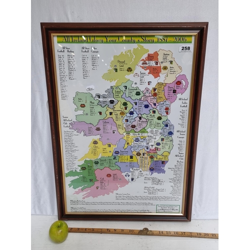 258 - Good size map showing 'All Ireland Glory Your County's Story' 1887-2006, Football, Hurling and Camog... 