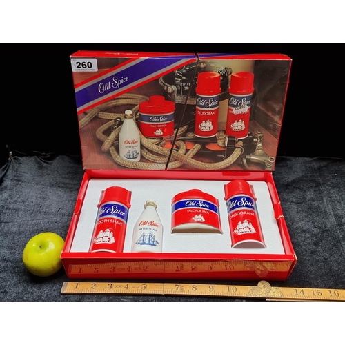 260 - A vintage Old Spice Toiletry Set Including Aftershave Lotion, Aerosol Deordarant, Talc and Smooth Sh... 