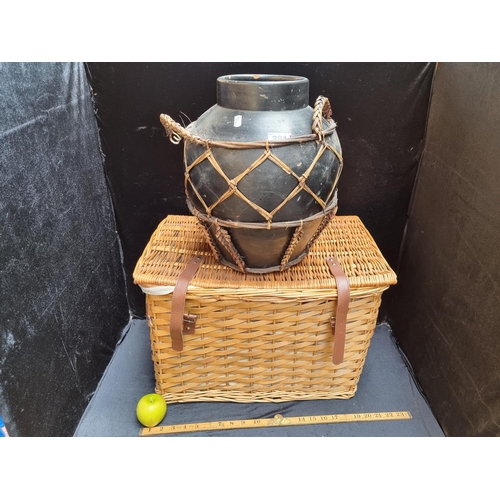 291 - A Large Black Painted Terracotta Pot with Wicker Overlay and  a Large Wicker Basket with Children Co... 