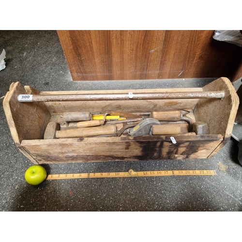 300 - A Large Vintage Wooden Tool Box with Tools Including very good quality handtools including Hammers, ... 