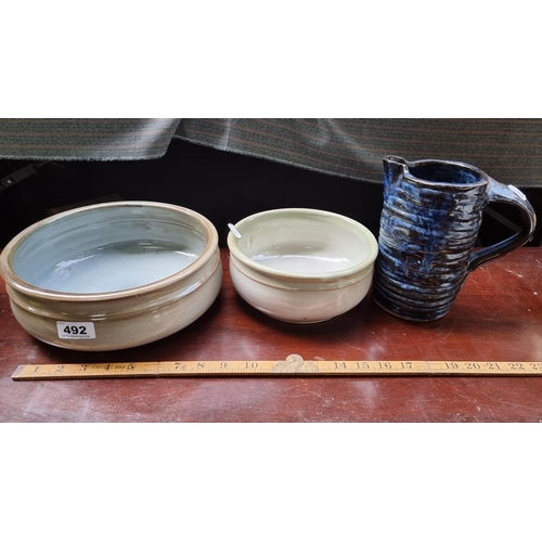 492 - A set of three items including a hand-turned milk jug by M.O'Keefe, with an attractive dark blue gla... 