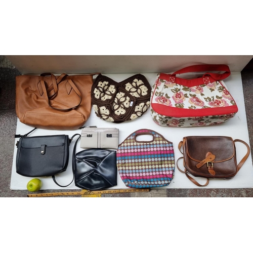 494 - A collection of eight items of bags and purses, including a leather bag by Chesaenu and a lovely cro... 